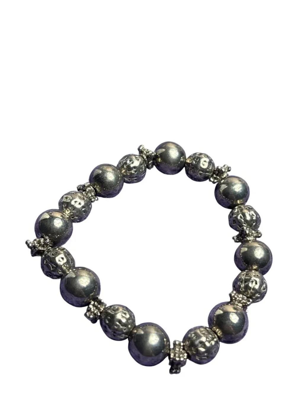 Vintage Silvertone Beaded Stretchy Bracelet Textured 6.5 inches Unstretched